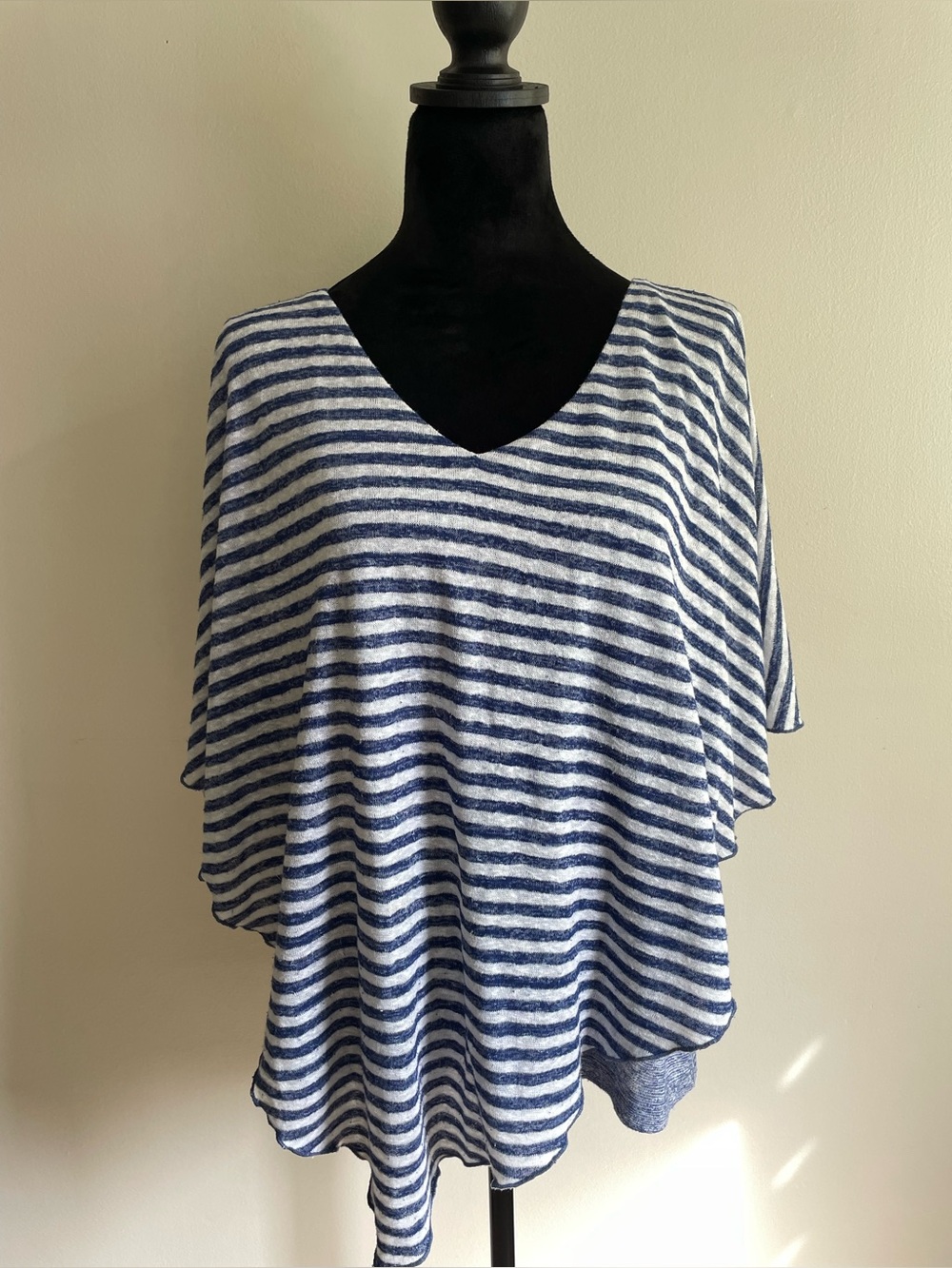 PURE Essence Layered Striped Poncho Top Blue White Cape Overlay L Made Canada